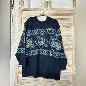 Lane Bryant Navy and Green Floral Crewneck Sweater